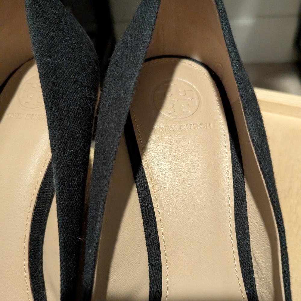 Tory Burch Black Canvas Peep Toe Wedge Pumps - Picture 9 of 10